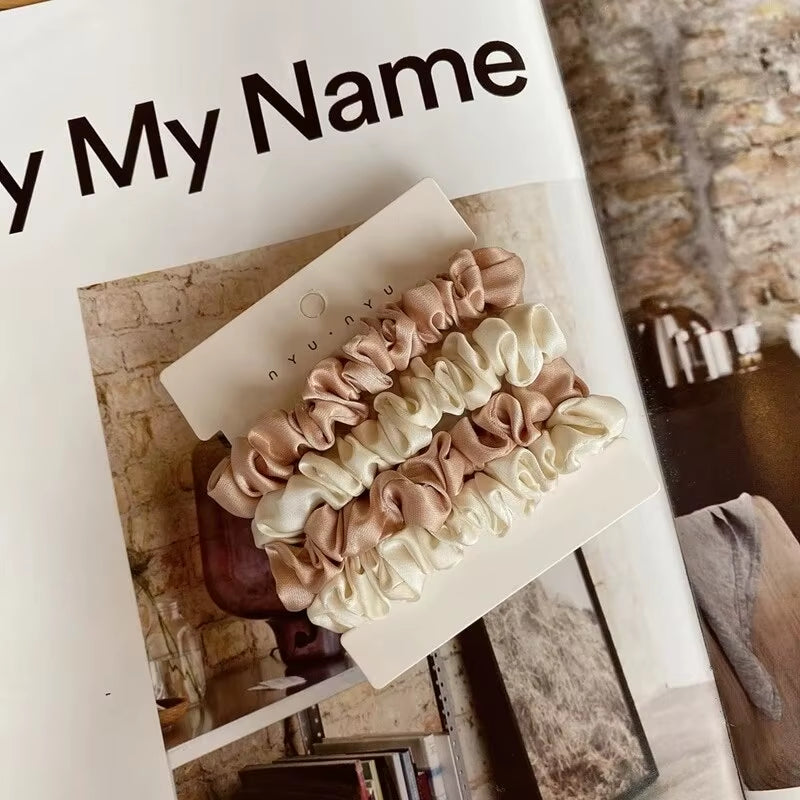 4Pcs Pure Silk Skinnies Small Scrunchie Set Hair Bow Ties Ropes Bands Scrunchy Elastics Ponytail Holders for Women Girls