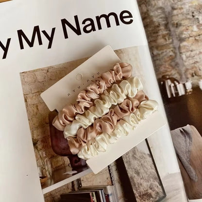 4Pcs Pure Silk Skinnies Small Scrunchie Set Hair Bow Ties Ropes Bands Scrunchy Elastics Ponytail Holders for Women Girls