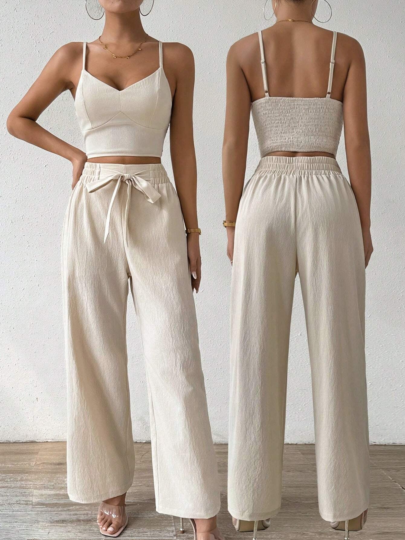 Breezaya Women'S Push-Up Bra Cup Strap Top with Bowknot, Elastic Straight Pants, Holiday 2Pcs Set