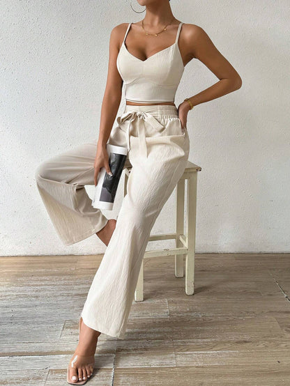 Breezaya Women'S Push-Up Bra Cup Strap Top with Bowknot, Elastic Straight Pants, Holiday 2Pcs Set