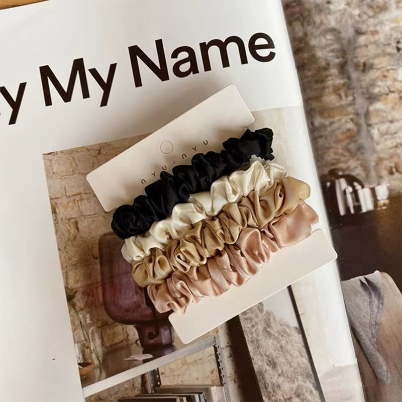 4Pcs Pure Silk Skinnies Small Scrunchie Set Hair Bow Ties Ropes Bands Scrunchy Elastics Ponytail Holders for Women Girls