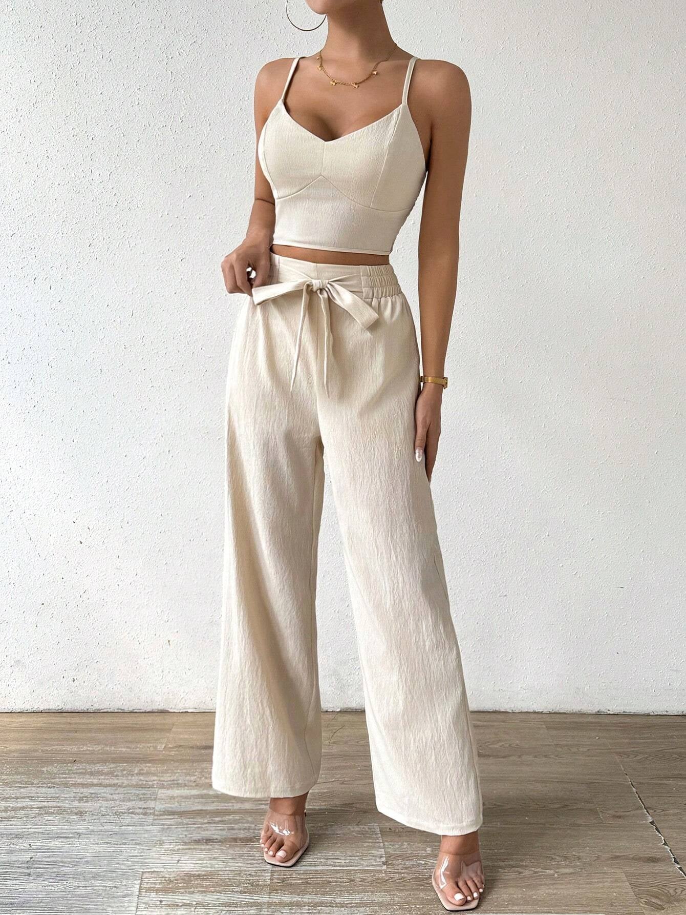 Breezaya Women'S Push-Up Bra Cup Strap Top with Bowknot, Elastic Straight Pants, Holiday 2Pcs Set