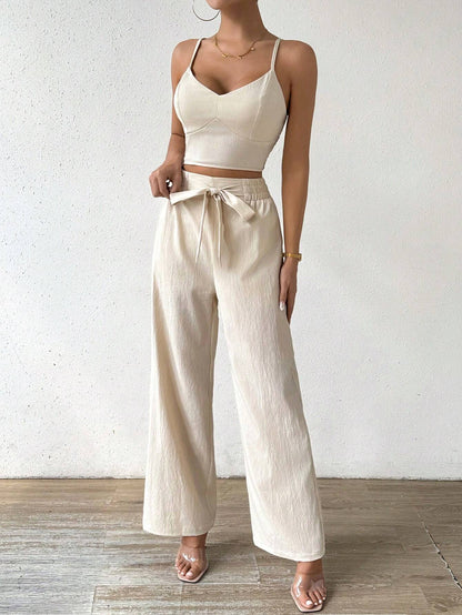 Breezaya Women'S Push-Up Bra Cup Strap Top with Bowknot, Elastic Straight Pants, Holiday 2Pcs Set