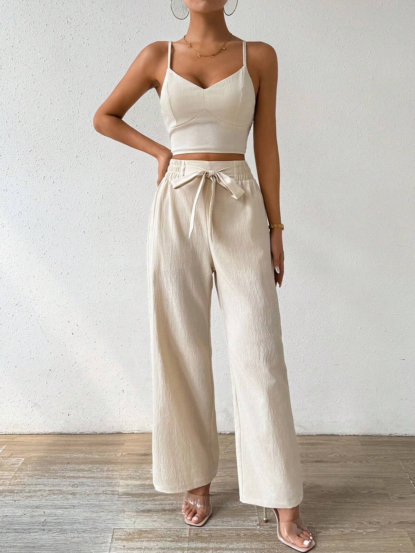 Breezaya Women'S Push-Up Bra Cup Strap Top with Bowknot, Elastic Straight Pants, Holiday 2Pcs Set