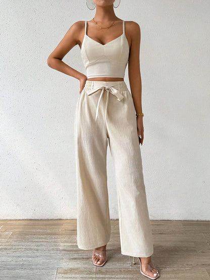 Breezaya Women'S Push-Up Bra Cup Strap Top with Bowknot, Elastic Straight Pants, Holiday 2Pcs Set