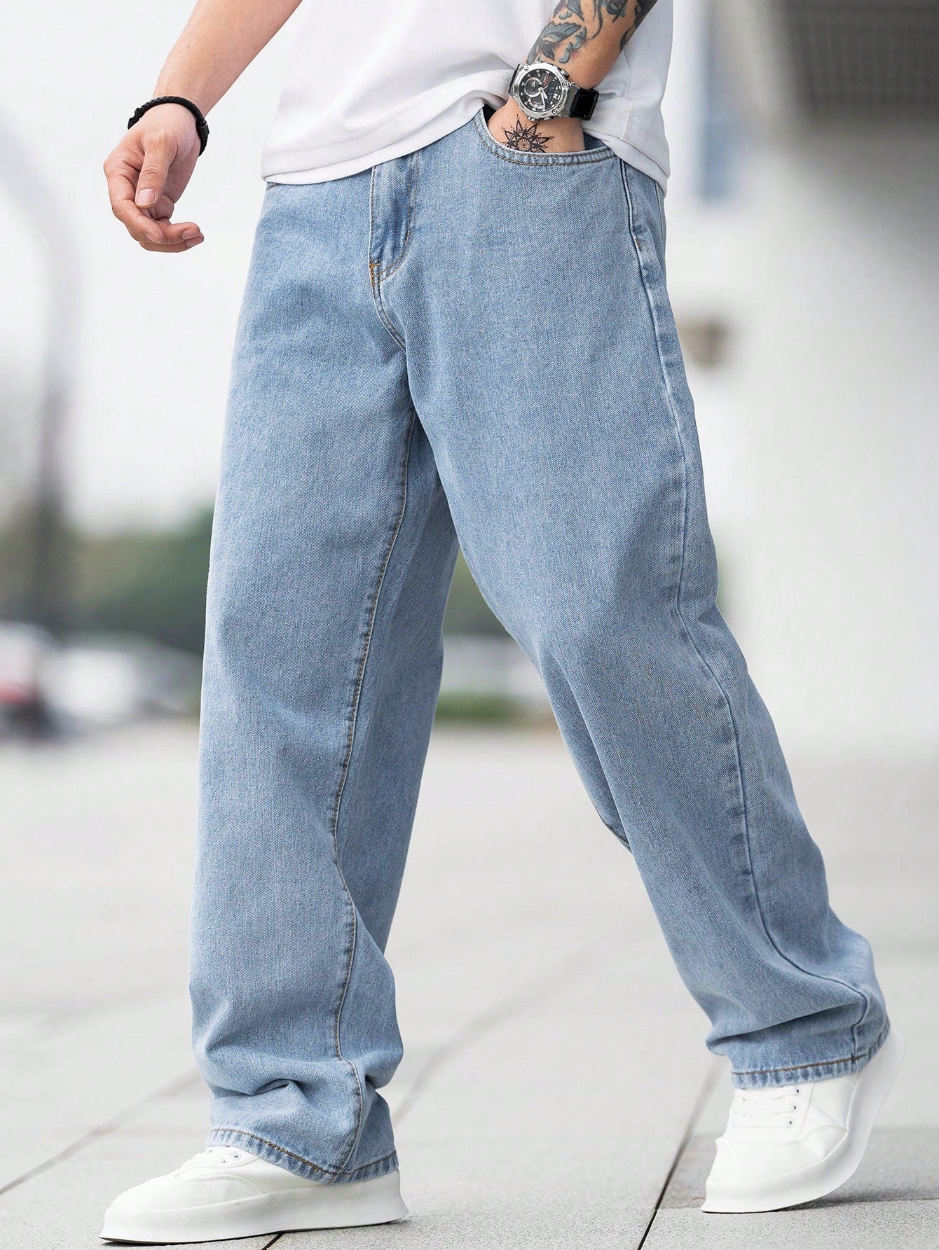 GALLERY FADE Loose Fit Men'S Cotton Jeans with Slant Pockets Baggy Long Washed Skater Jean Cargo Plain Light Blue Going Out Y2K Friends Urban Going Out Commute Work Vacation