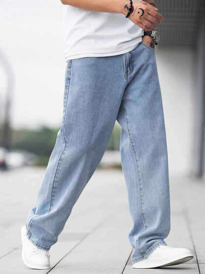 GALLERY FADE Loose Fit Men'S Cotton Jeans with Slant Pockets Baggy Long Washed Skater Jean Cargo Plain Light Blue Going Out Y2K Friends Urban Going Out Commute Work Vacation