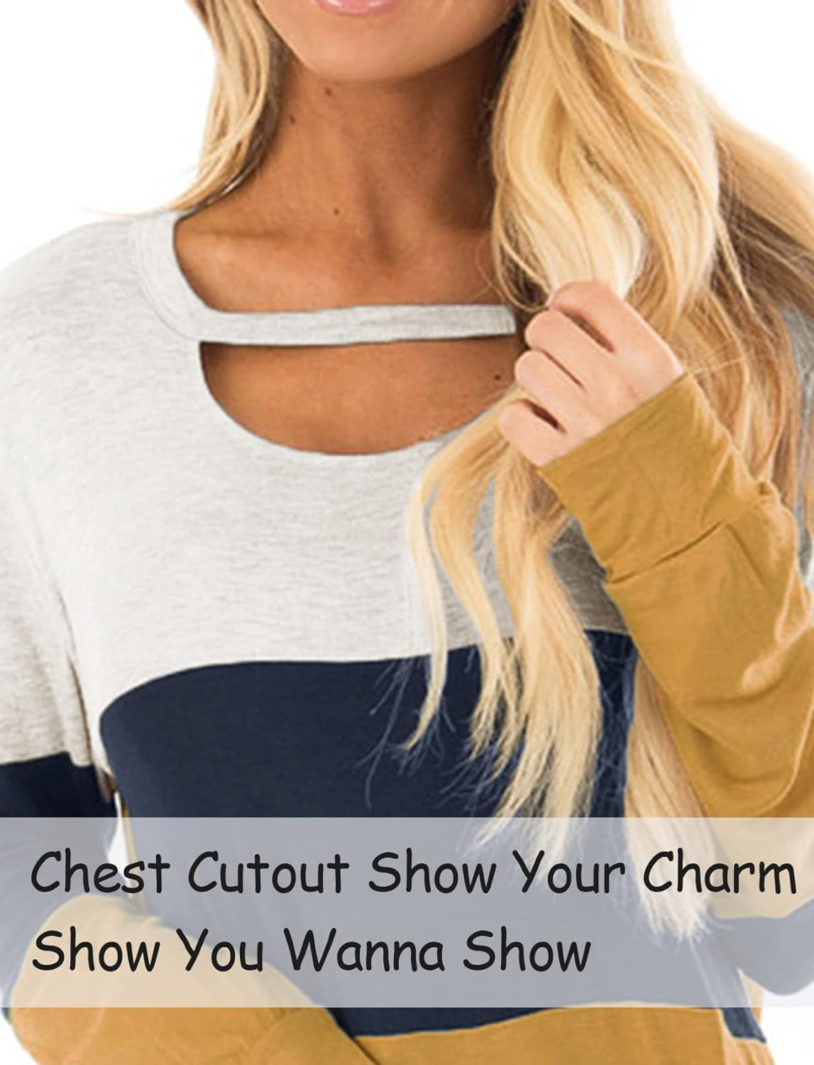 Women'S Fall Color Block Chest Cutout Tunics Long Sleeve Shirts Scoop Neck Blouse Casual Loose Fit Tops A-Yellow