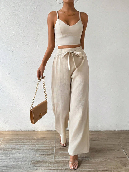 Breezaya Women'S Push-Up Bra Cup Strap Top with Bowknot, Elastic Straight Pants, Holiday 2Pcs Set