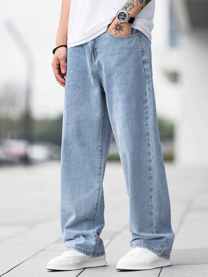 GALLERY FADE Loose Fit Men'S Cotton Jeans with Slant Pockets Baggy Long Washed Skater Jean Cargo Plain Light Blue Going Out Y2K Friends Urban Going Out Commute Work Vacation